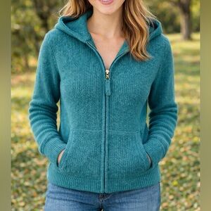 LL Bean Cashmere Cotton Blend Zip Cardigan Hoodie Sweater Women’s Medium Teal